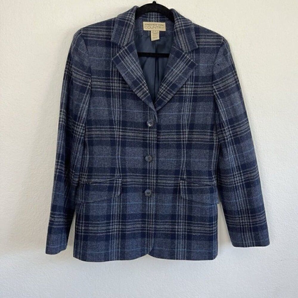 Jones New York Vintage 90s Wool Blue Plaid Houndstooth Academia Blazer Size 10
